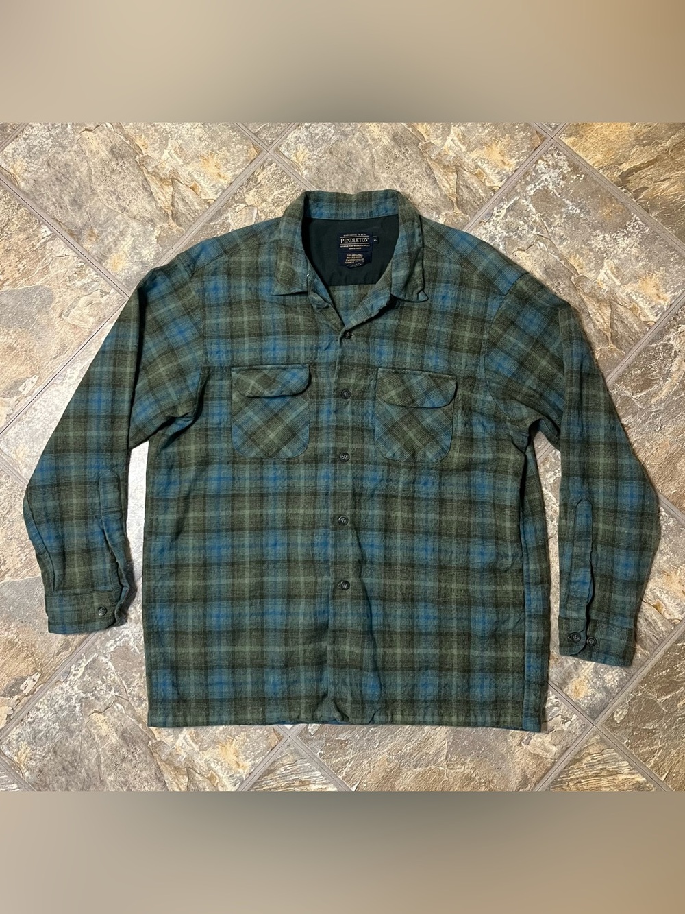 Pendleton The Original Board Shirt Mens XL Blue Green Plaid Wool Long Sleeve